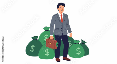 A cartoon businessman standing confidently with a briefcase and money bags on a white background.