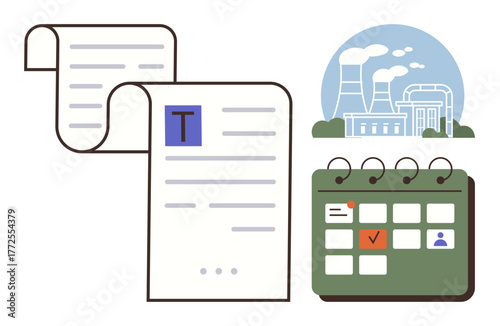Long scroll document next to grid-style calendar featuring marked dates, industrial plant backdrop. Ideal for scheduling, planning, industry operation, paperwork management, progress tracking, task