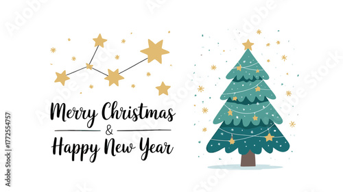 Whimsical hand drawn christmas tree with twinkling stars and festive greeting for merry christmas and happy new year
