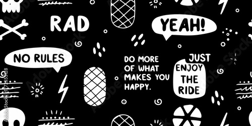 Black and white doodle pattern with motivational phrases and fun icons for a rebellious and positive vibe