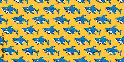 A repeating pattern of cartoonish blue sharks with sharp teeth on a vibrant yellow background