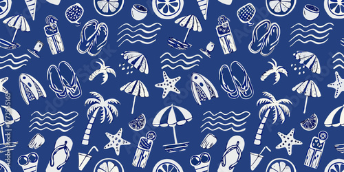 Whimsical hand drawn summer beach vacation pattern with flip flops umbrellas palm trees and surfboards