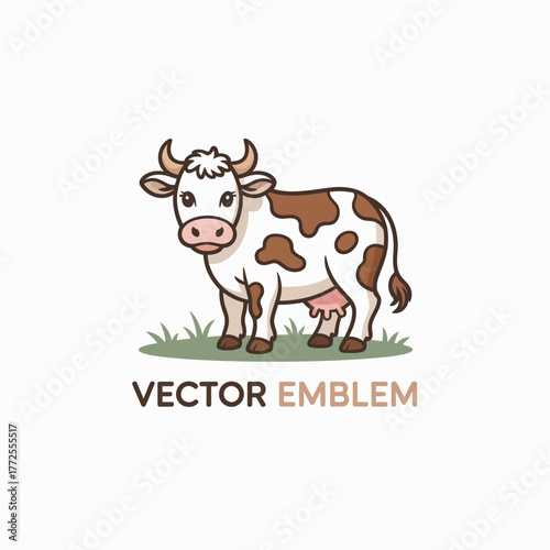 This image features a cute cartoon cow with brown and white spots, standing on green grass. It captures the essence of a friendly and playful farm animal perfectly.