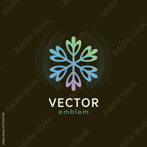 A captivating colorful snowflake vector emblem, ideal for winter-themed branding projects, evoking a sense of tranquility and winter beauty in its artistic representation.