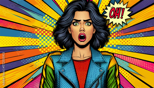shocked woman with wide eyes and open mouth, surrounded by colorful comic-style background and Oh text. Generative ai vector colorful pop art illustration.