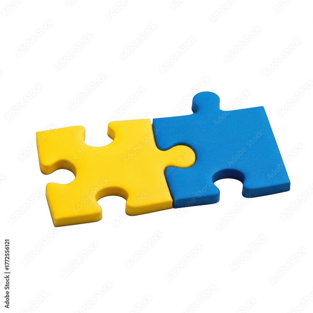Obraz premium Puzzle two pieces connection interlocking yellow blue strategy solution isolated on transparent background