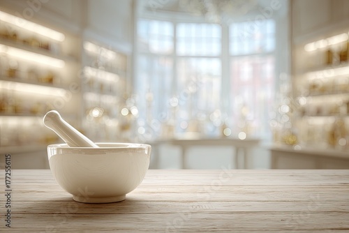 Wallpaper Mural White Mortar And Pestle On Rustic Wooden Table In Elegant Pharmacy Display Torontodigital.ca