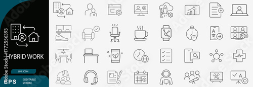 Hybrid work icon set. Editable vector illustration of remote and office work symbols in line style. EPS modern workplace concept pack