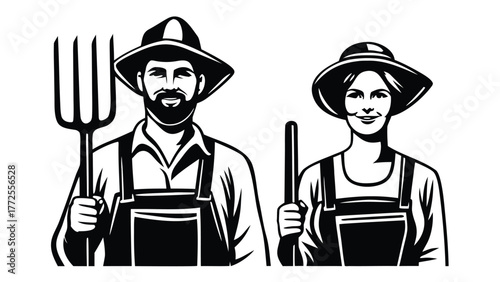 Black and white shows a man and a woman as farmers