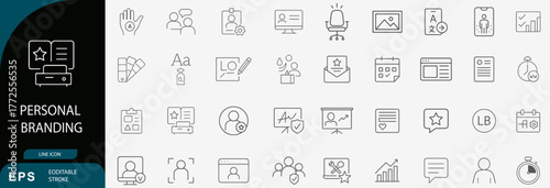 Personal branding icon set. Editable vector illustration of 40 line-style symbols for identity, marketing, and professional development. EPS business concept pack