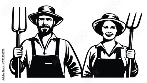 Two cheerful farmers wear hats and overalls while holding pitchforks with confident smiles