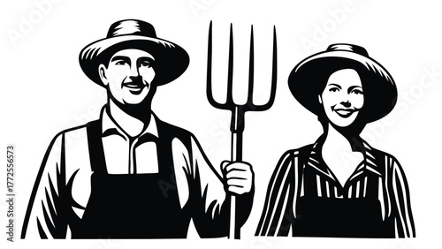 Smiling farmers in hats present a pitchfork, showcasing hard work and rural tradition
