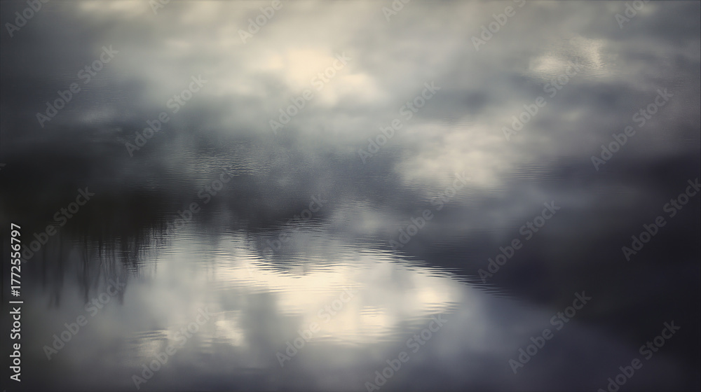 Fototapeta premium Silent water surface reflecting overcast sky, peaceful minimal landscape of memory and loss, Holocaust Remembrance Day concept.