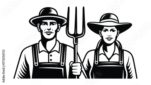 Black and white farmer couple stands holding a pitchfork and wearing overalls and hats
