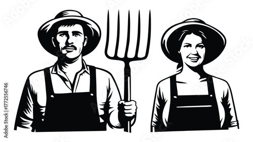 Happy farmer couple stands together wearing hats while the man holds a pitchfork