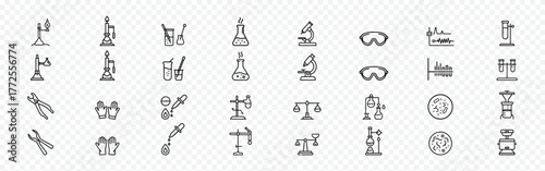 Chemistry and laboratory equipment outline icon set – beaker, flask, microscope, safety goggles, test tube, gloves, pipette, lab tools symbols, Scientific Experiment Tools, Chemical Flask
