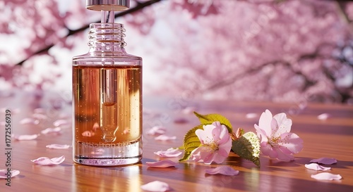 Luxury Skincare Serum Bottle with Cherry Blossoms | Ultra-Realistic Spring Beauty Product Photography