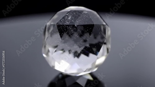 Clear Faceted Crystal Orb Object on Reflective Surface with Dark Background and Studio Lighting
