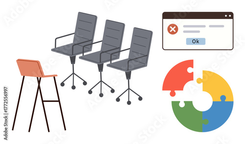 Office seating options with three chairs and a bar stool, computer error message, and a puzzle diagram signifying teamwork. Ideal for business, collaboration, error, problem-solving, design