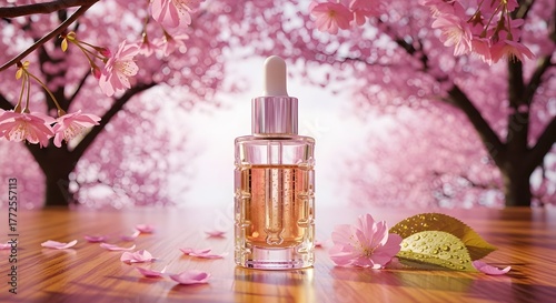 Luxury Skincare Serum Bottle with Cherry Blossoms | Ultra-Realistic Spring Beauty Product Photography