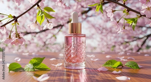 Luxury Skincare Serum Bottle with Cherry Blossoms | Ultra-Realistic Spring Beauty Product Photography
