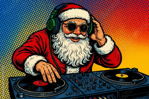 Santa Claus as a DJ, wearing headphones and spinning vinyl records on a turntable against a yellow background. Generative ai vector colorful pop art illustration.