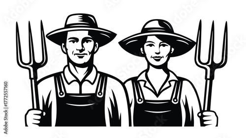 Smiling man and woman farmer holding pitchforks, wearing overalls and hats in monochrome
