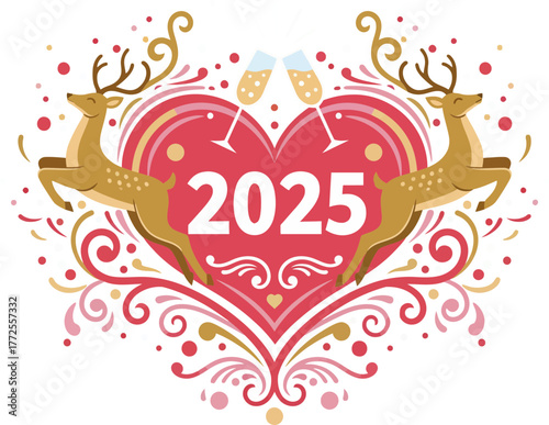 Festive New Year Celebration with Heartwarming Elements and Cheers for 2025