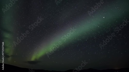 Vibrant Green And Purple Aurora Borealis Dancing Across A Starry Night Sky Over Silhouetted Hills With Soft Light