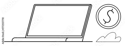 Laptop beside coin, symbolizing online finances, earnings, or e-commerce. Ideal for business, technology, remote work, fintech investment startup and payment themes. Simple flat metaphor