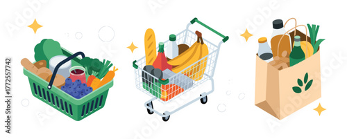 Grocery shopping items in a basket, cart, and bag groceries
