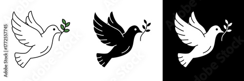 A flying dove holding an olive branch, symbolizing peace, hope, and purity. Presented in white, black, and white-outline styles for religious or harmony-themed designs.