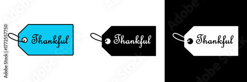 A blue tag with the word “Thankful” written in elegant script, expressing gratitude and appreciation. Displayed in color, black, and white versions for seasonal or gift-related themes.