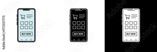 A smartphone screen showing an online store interface with a shopping cart and “Buy Now” button. Represents e-commerce, digital shopping, and mobile retail apps.