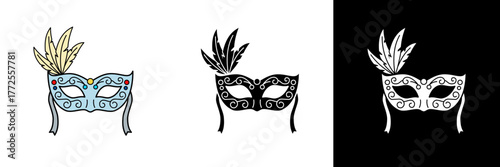A detailed masquerade mask with feathers and elegant decoration, symbolizing mystery, celebration, and carnival spirit. Shown in color, black, and white for event or party visuals.