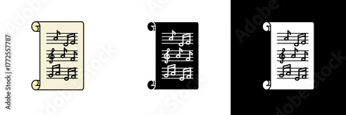 An old scroll-style music sheet featuring musical notes, representing art, creativity, and melody. Displayed in beige, black, and white variations for festive or artistic themes