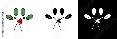 A sprig of mistletoe with green leaves and red berries, symbolizing love, peace, and Christmas tradition. Includes color, black, and white styles perfect for holiday designs.