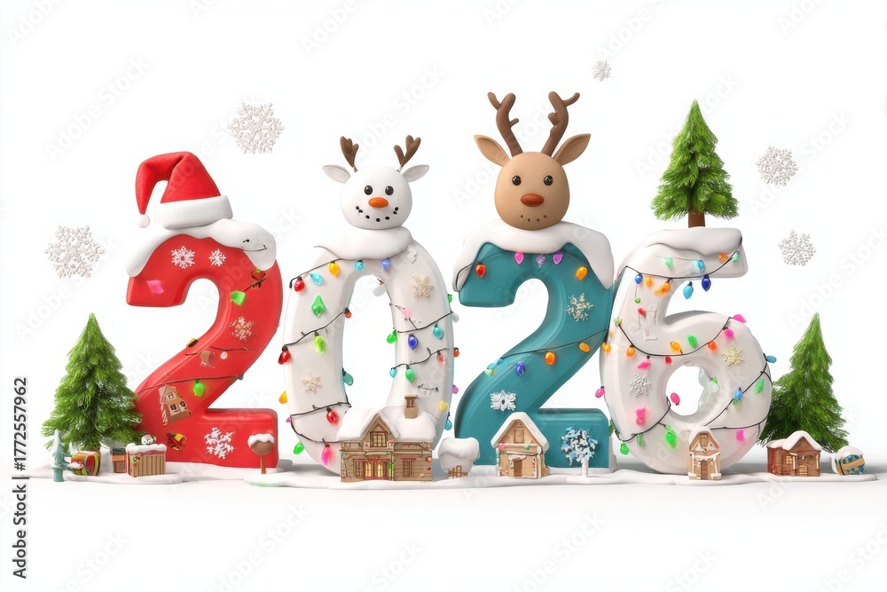 Fototapeta premium Celebrating the holiday season with colorful 2026 decorations featuring snowman, reindeer, and festive trees