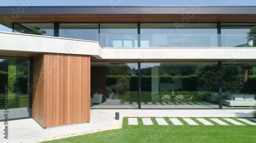 Modern Glass House Exterior With Lush Green Garden And Outdoor Seating Area On A Sunny Day