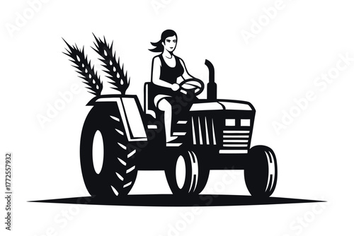 Monochrome portrait showing an agrarian woman driving a vintage tractor with wheat attached at the rear