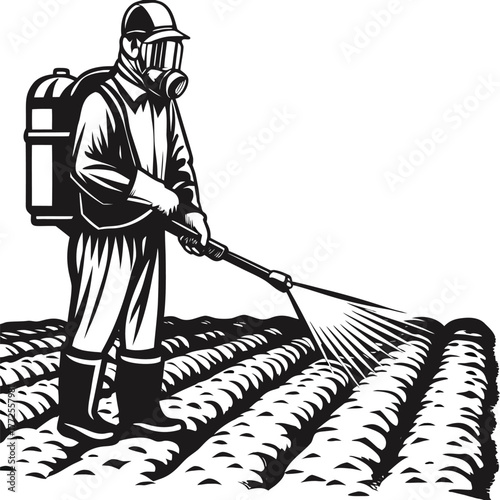 art shows a person spraying a field wearing protective gear in monochrome