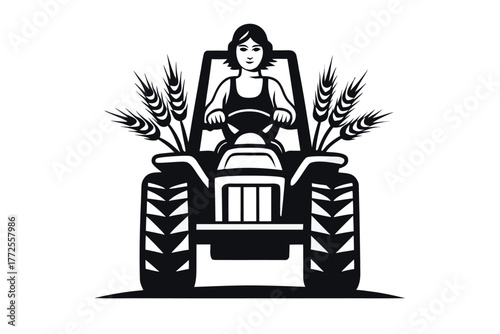Fototapete Female farmer operates a tractor amid wheat stalks, creating a powerful agricult