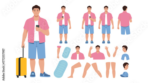 Man Character With Travel Suitcase And Body Parts Keywords: man, character, travel, suitcase