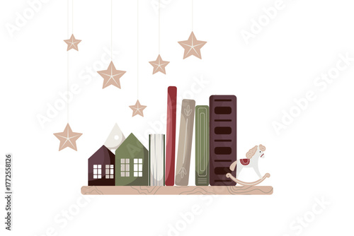 Pile of books and toy horse. Bookstore, bookshop, book lover, reading, interior concept. Isolated Isolated Vector illustration.