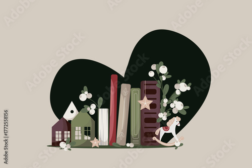 Pile of books and toy horse. Bookstore, bookshop, book lover, reading, interior concept. Isolated Isolated Vector illustration.
