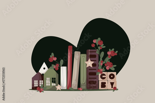 Pile of books and wooden word "cosy". Bookstore, bookshop, book lover, reading, interior concept. Isolated Isolated Vector illustration.