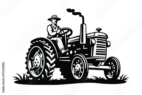 Black and white line drawing shows a man driving vintage farm tractor