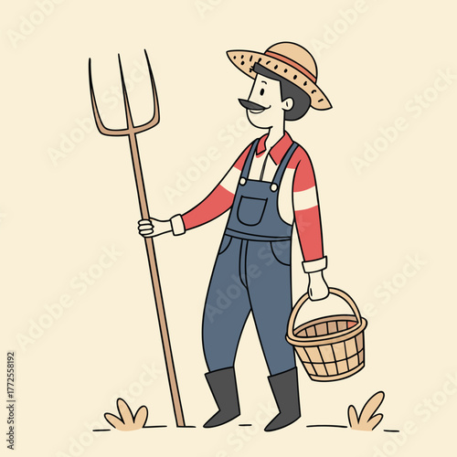 Cartoon farmer with pitchfork and harvest basket smiles in field ready for harvest