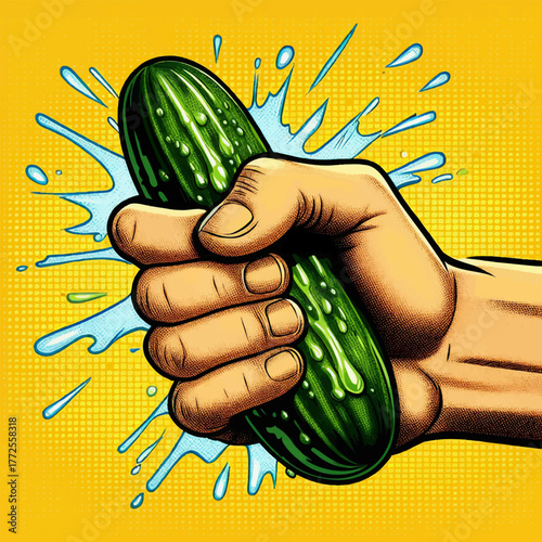 strong hand squeezing a cucumber with exaggerated juice splash on vibrant yellow background for humor or impact. Generative ai vector colorful pop art illustration.