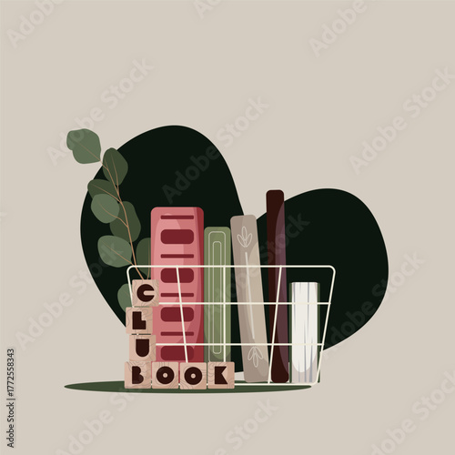 A basket with books, a eucalyptus branch, and wooden blocks. Bookstore, book club, book lover, reading, interior design concept. Isolated vector illustration.